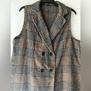 Shein Curve Plaid Brown Double Breasted Long Vest Size Academia 1XL